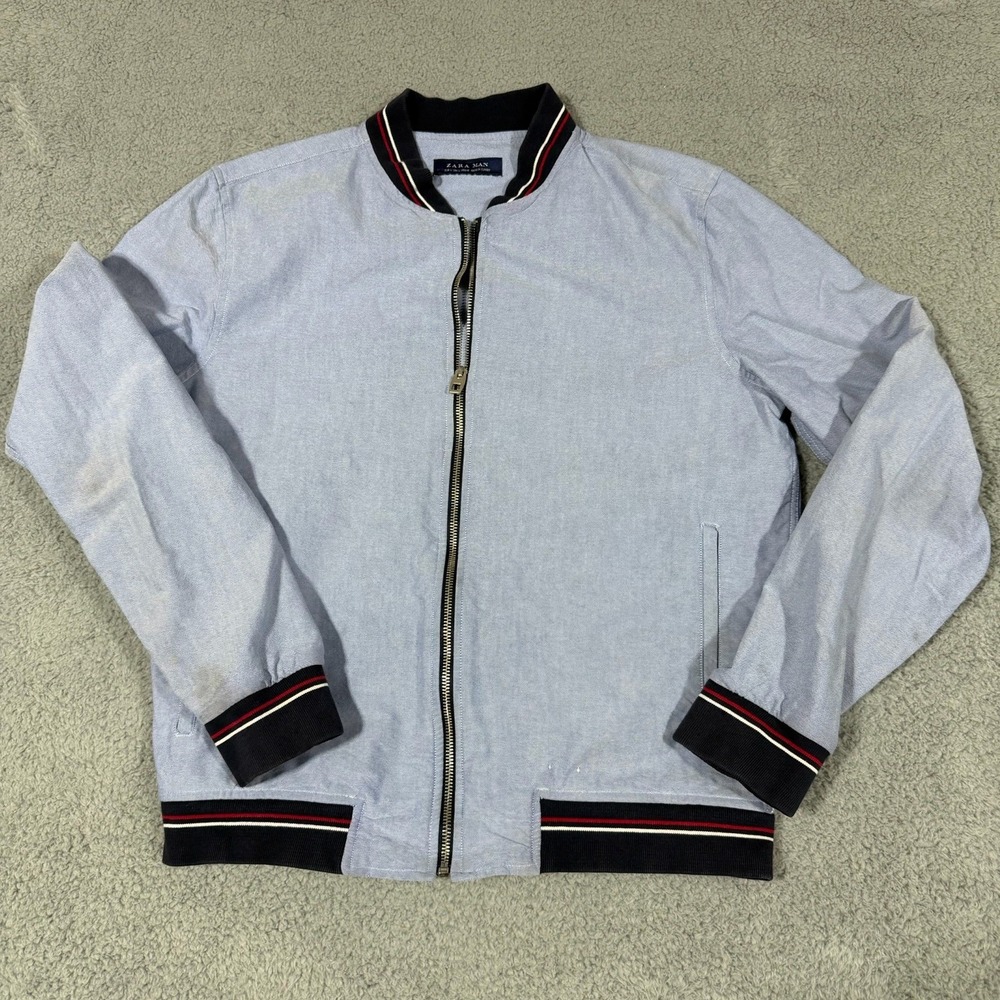 Zara Man Bomber Jacket Men Large Blue Full Zip Varsity Style Lightweight Cotton